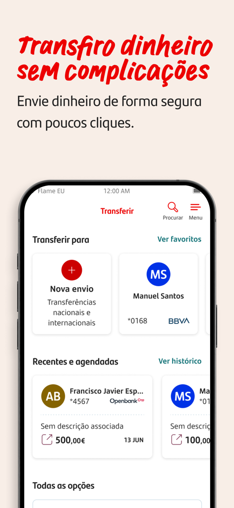 Tela do aplicativo móvel Santander Portugal mostrando opções de transferência de dinheiro fáceis e seguras e transações recentes