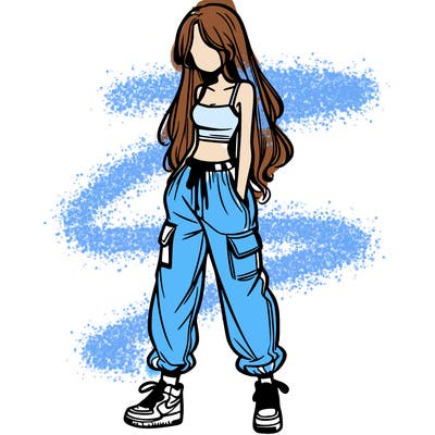 girl in baggy pants crop top and long hair