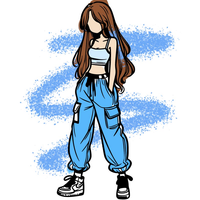 girl in baggy pants crop top and long hair