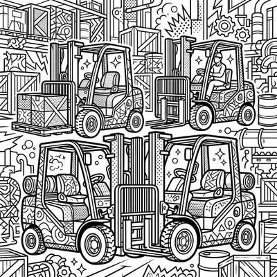 Dive into the vibrant world of industrial Pop Art with this unique coloring page featuring detailed forklifts. Designed specifically for adults, it offers an engaging challenge for creative minds.