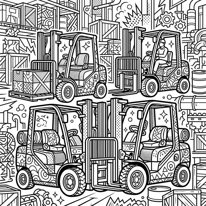 Dive into the vibrant world of industrial Pop Art with this unique coloring page featuring detailed forklifts. Designed specifically for adults, it offers an engaging challenge for creative minds.