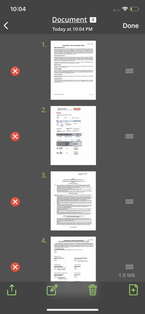 편집 및 정리 도구와 함께 네 개의 스캔된 문서 페이지 목록을 보여주는 화면