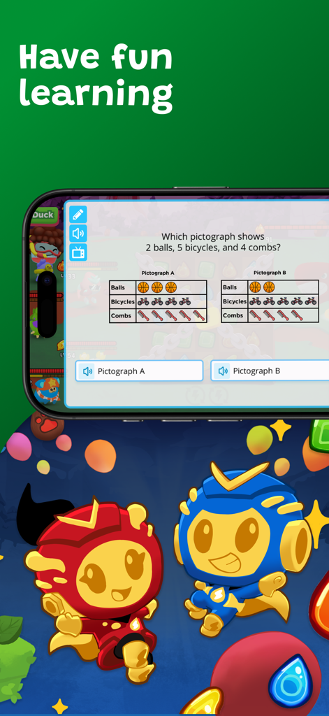 Boddle - Interfaz de la aplicación Boddle que muestra una pregunta de pictograma de matemáticas y coloridos personajes con cabeza de botella en 3D