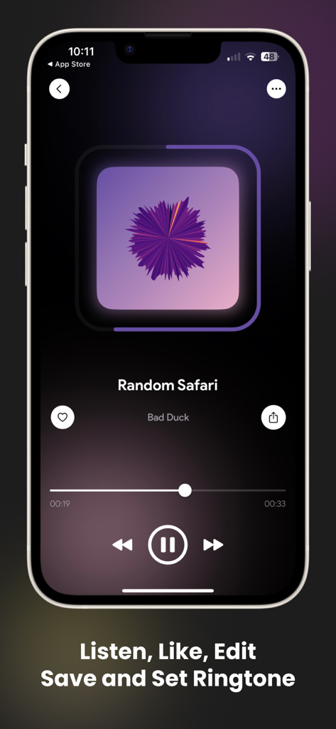 An iPhone screen showing the music player interface of the Ringtone Maker app with options to listen, like, and edit a track.