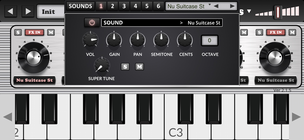 Neo-Soul Keys® Studio 2 - Interface de Neo-Soul Keys Studio 2 affichant les paramètres du son Nu Suitcase et un clavier de piano