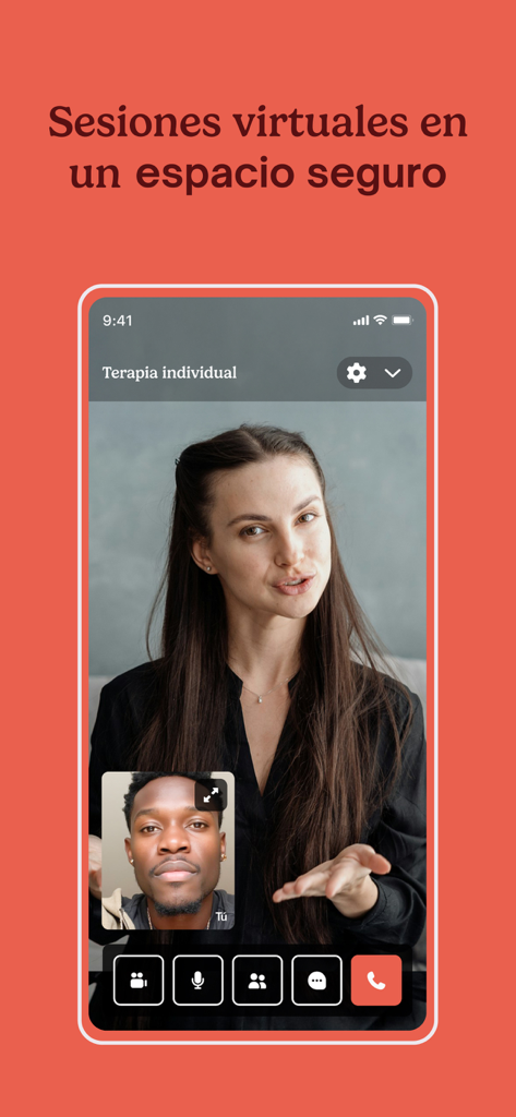 Selia: Bienestar Mental - Seliaアプリのインターフェース。セラピストとユーザー間のビデオ通話による個別の仮想セラピーセッションが表示されています。