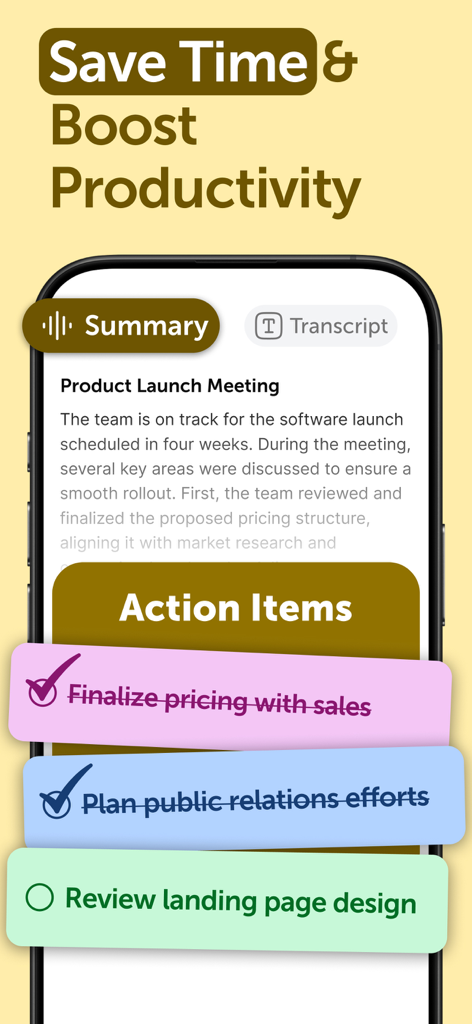 Smart Noter - AI Note Taker - Smart Noter app interface showing a meeting summary and automated action items checklist