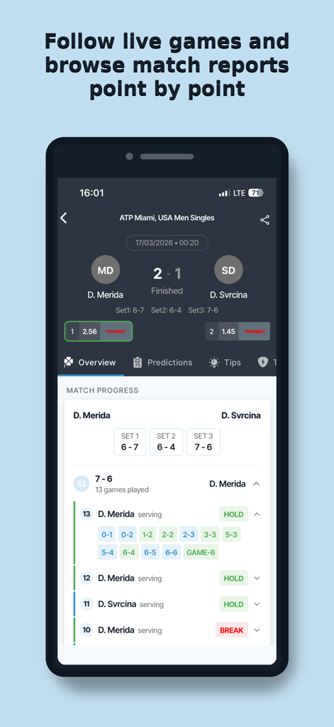 ProTipster: Betting Tips Feed - Mobile app screen showing a detailed point by point tennis match report and score breakdown