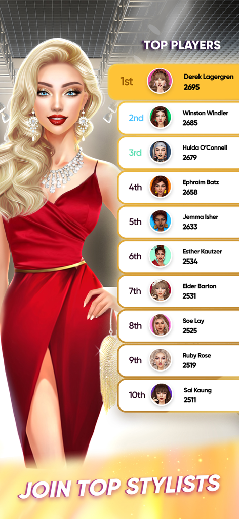Leaderboard-Bildschirm, der die Top-Spieler im Fashion Stylist Anzieh-Spiel mit einer blonden Avatarin in einem roten Kleid zeigt