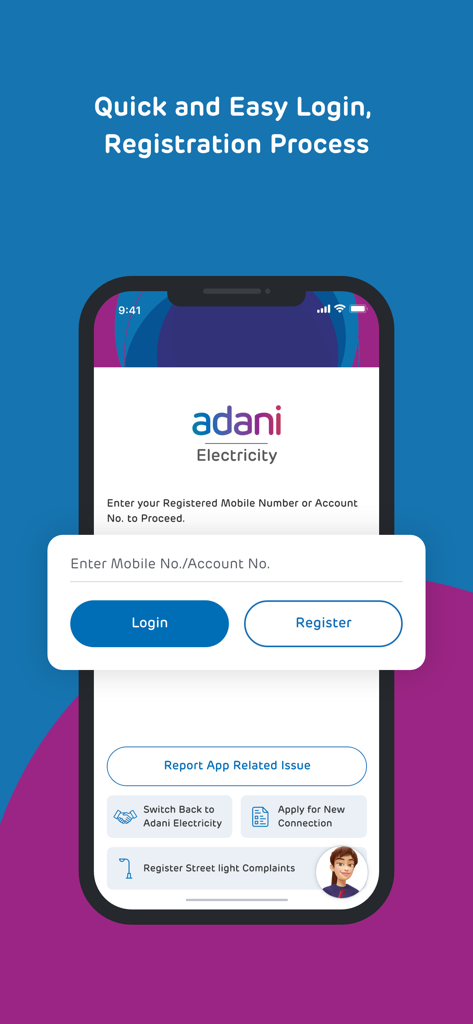 Adani Electricity app login and registration screen on a mobile device