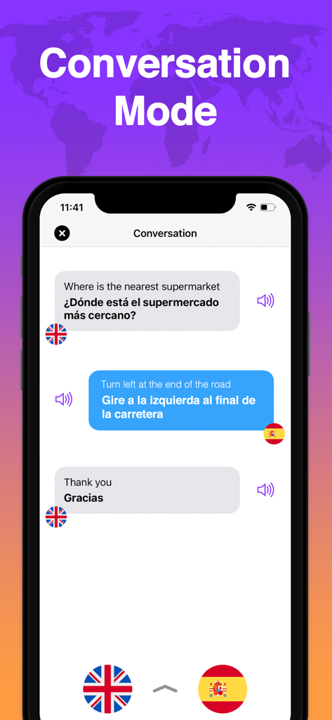 Translator » - Translator app interface showing conversation mode with English and Spanish translations