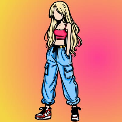 girl in baggy pants crop top and long hair