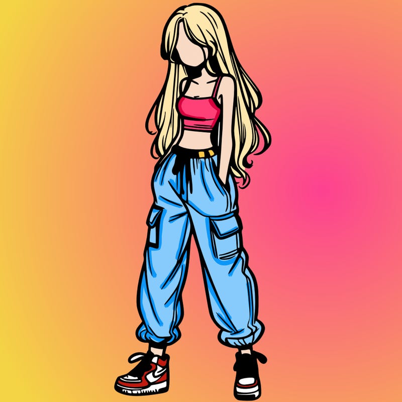 girl in baggy pants crop top and long hair