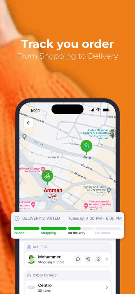 Interface do aplicativo Basket mostrando o rastreamento de pedidos de mercado em tempo real em um mapa em Amã, Jordânia