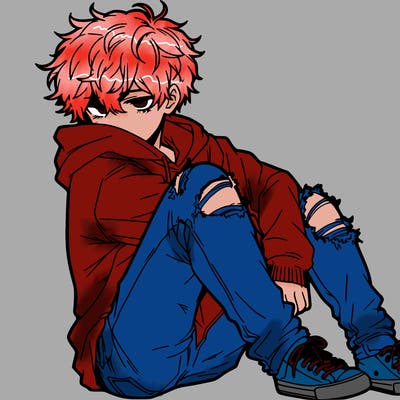 a male hoddie ripped jeans messy hair anime