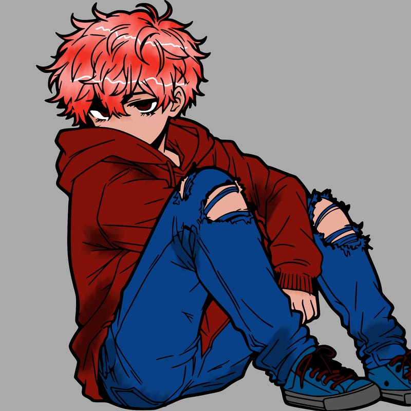 a male hoddie ripped jeans messy hair anime