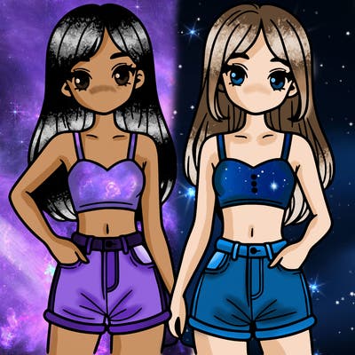 two sisters with crop tops and jean shorts and straight hair