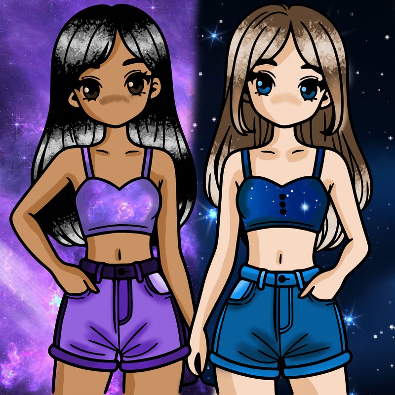 two sisters with crop tops and jean shorts and straight hair