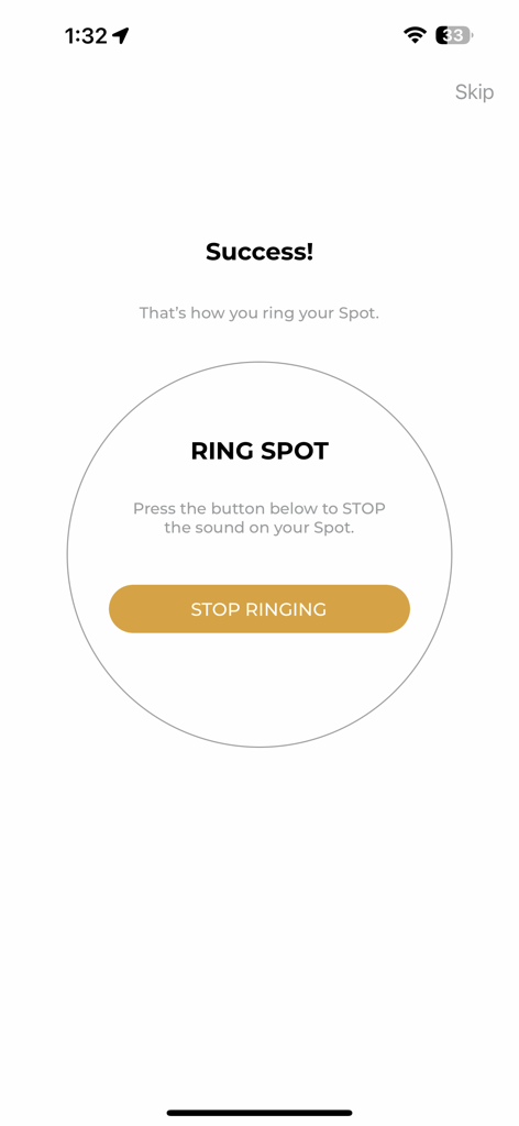 Spot 2.0 app success screen for ringing a lost item with a stop ringing button