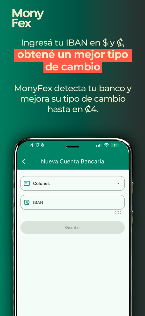 MonyFex - Monyfex-App-Oberfläche, die den Bildschirm zur Hinzufügung eines neuen Bankkontos mit IBAN für den Währungsumtausch anzeigt.