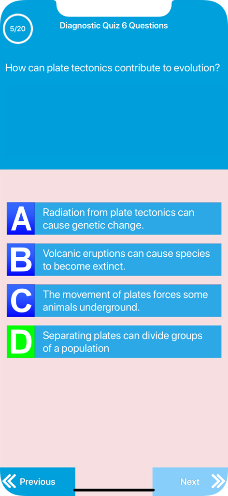 Diagnostic quiz screen in the Learning Earth Science app showing a multiple choice question about plate tectonics and evolution.