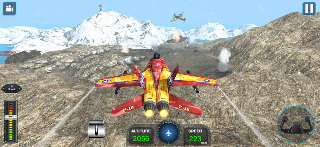 Airplane Flying Simulator 3D - Un jet de combate rojo y amarillo volando sobre montañas nevadas en el juego Simulador de Vuelo de Aviones 3D.
