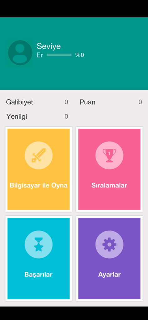 The main menu of the Batak card game app featuring options to play against the computer, view rankings, achievements, and settings.