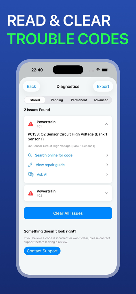 Car Scanner ELM OBD2 - Torque - A smartphone screen displaying car diagnostic results with a powertrain trouble code for an O2 sensor and options to clear issues.