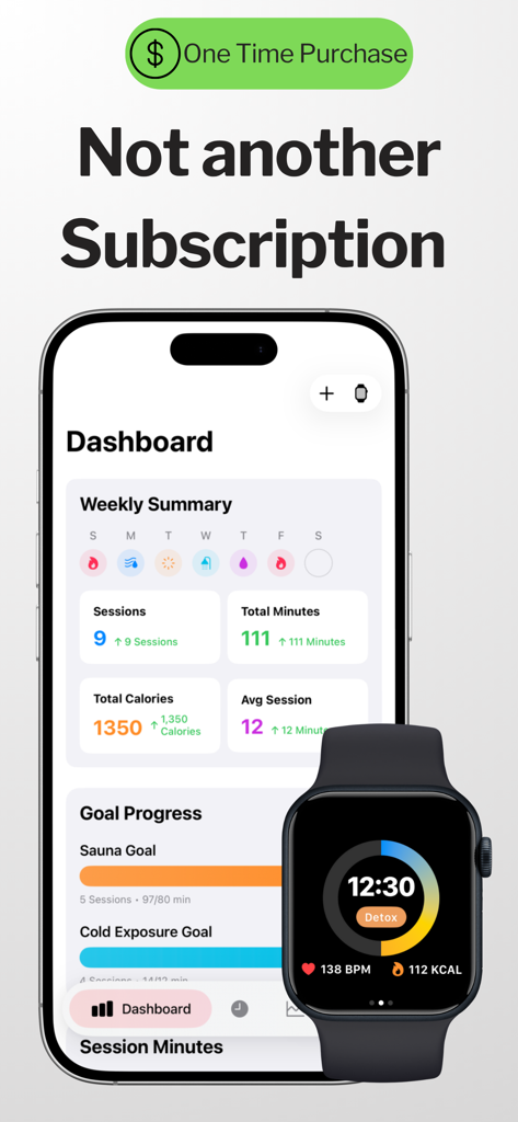 Sauna & Cold Plunge Tracker - iPhone e Apple Watch che visualizzano la dashboard del tracker di sauna e tuffi nel ghiaccio con statistiche di sessione e progressi negli obiettivi