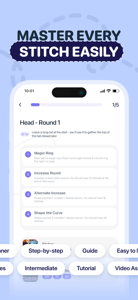 CraftBook: Crochet Made Easy - Pantalla de la aplicación CraftBook mostrando una guía de proyecto de crochet paso a paso con instrucciones de puntos.