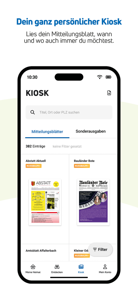 Tela do quiosque pessoal do aplicativo NUSSBAUM com newsletters locais digitais e uma função de pesquisa
