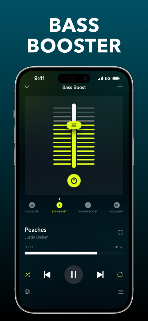 Equalizer Fx app interface showing the bass booster adjustment slider and music player controls
