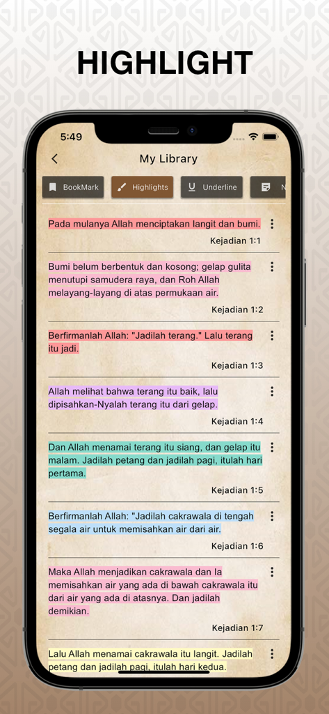 Mobile app interface showing highlighted Indonesian Bible verses in various colors within the My Library section