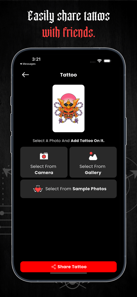 AI Tattoo Ink Design - Mobile app interface showing a samurai tattoo design with options to select photos from the camera or gallery to try it on and share with friends