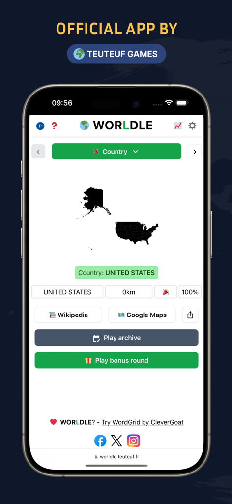 Worldle - Guess The Country! - Worldle mobile game screen showing the correct guess for the United States map shape