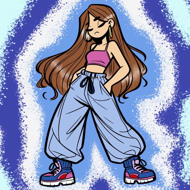 girl in baggy pants crop top and long hair