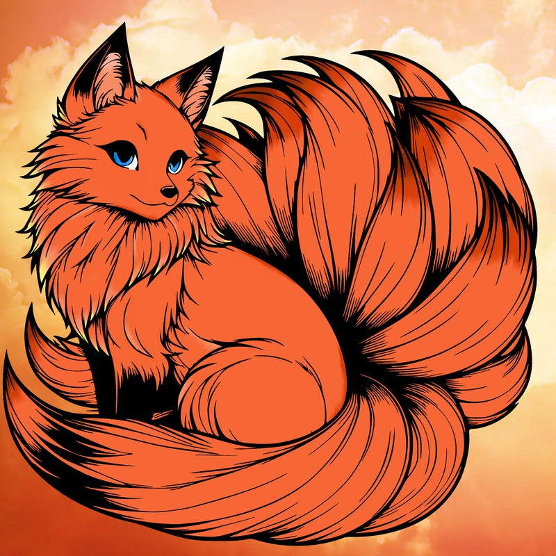 realistic detailed 9 tailed anime fox