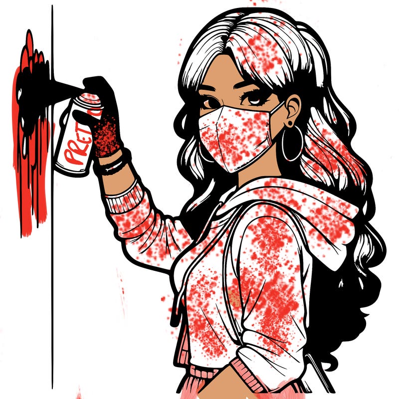 realistic girl with mask spray painting a wall