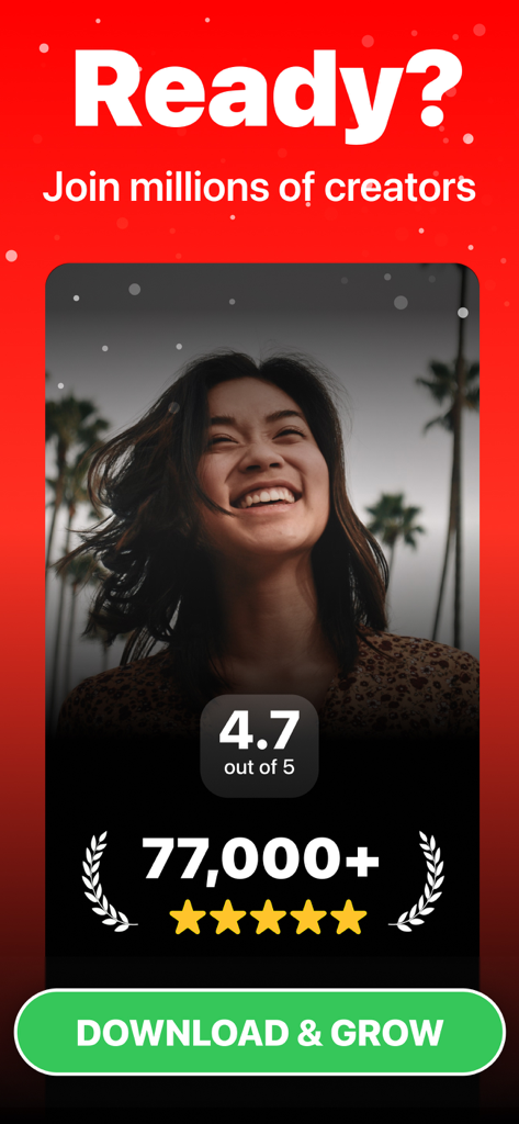 Creatipi app promotional screen showing a 4.7 star rating and download and grow call to action