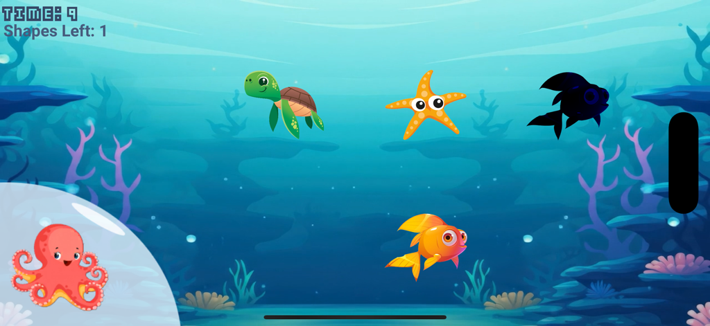 Match Sea Animals Kids Puzzle - Un juego de rompecabezas de emparejamiento para niños que muestra animales marinos coloridos como un pulpo y una tortuga en una escena submarina.