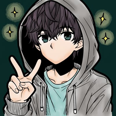 teenage manga boy in a hoodie, doing ✌