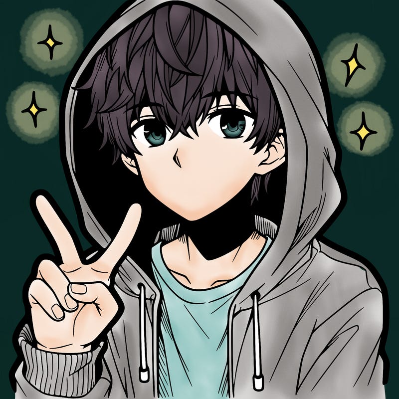 teenage manga boy in a hoodie, doing ✌