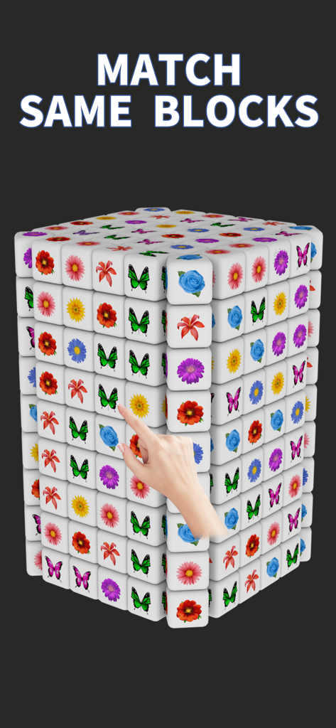 Gameplay of Cube Master 3D showing a hand rotating a large cube made of matching flower and butterfly blocks.