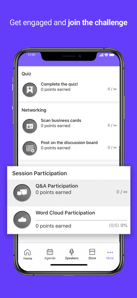 Tela do aplicativo móvel Horizon CME mostrando desafios de engajamento para participantes de conferências médicas