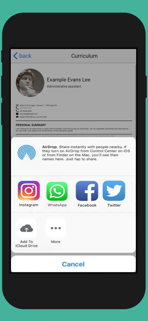 Compartilhando um PDF de currículo profissional do aplicativo através do menu de compartilhamento do dispositivo móvel
