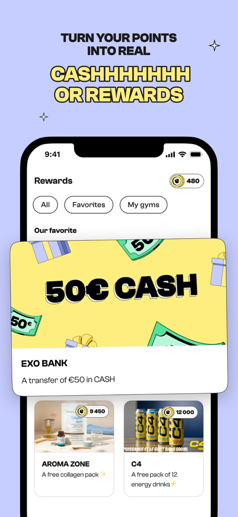 Screenshot of the EXO app rewards screen showing options to redeem points for cash transfers and fitness products like energy drinks and collagen packs