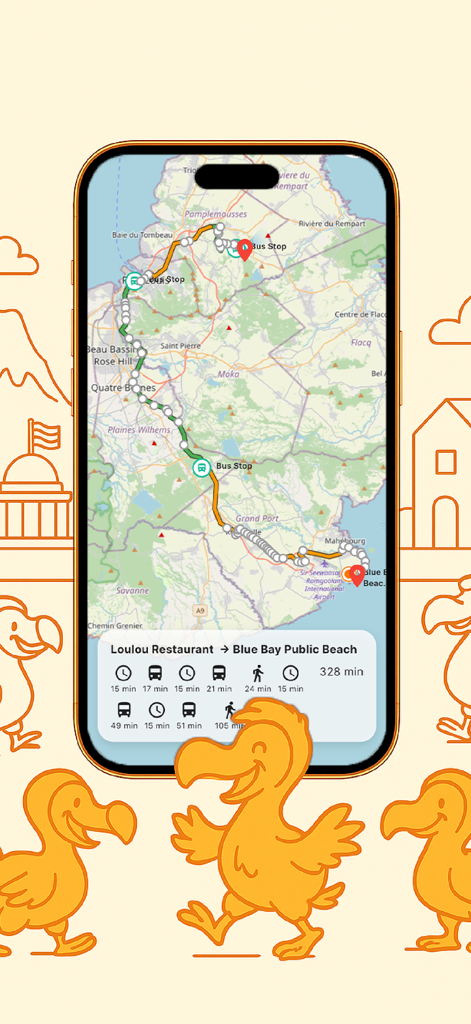 MoMove - A mobile phone displaying the MoMove app with a public transport route across Mauritius.