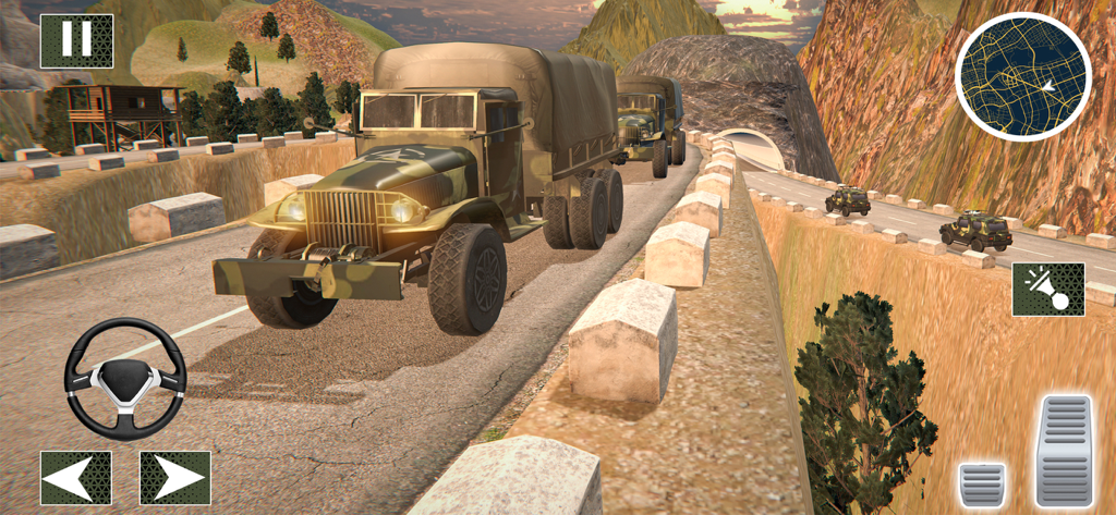 Military Cargo Truck Transport - A camouflaged military cargo truck driving on a mountain road in a logistics simulation game.