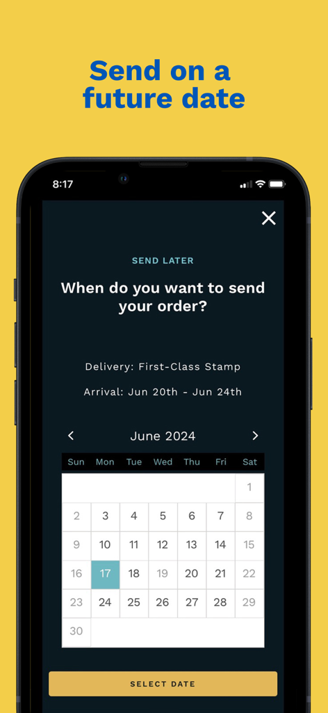 Felt: Greeting Cards & Gifts - Felt app interface showing a calendar to schedule greeting card delivery on a future date