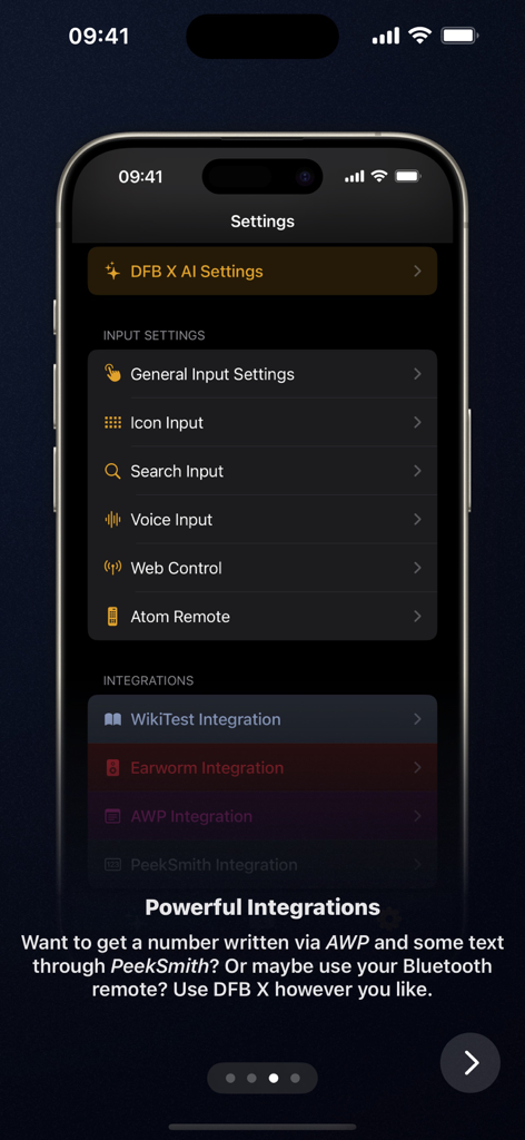 DFB X (Digital Force Bag X) - Settings screen of the DFB X magic app showing various input methods and professional tool integrations